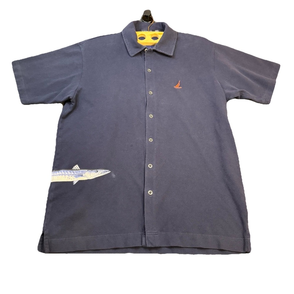 Men's Nautica Button Shirt Size Medium Blue With Wraparound Fish Logo